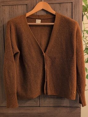 THE PETITS HAUTS BROWN METALLIC KNIT CARDIGAN COZY BUTTON FRONT SWEATER
